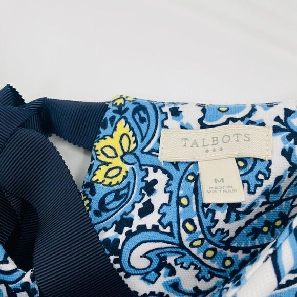 Talbots Size Medium Blue & Yellow Paisley Print Bow Back Knit Sheath Dress - Picture 6 of 9
